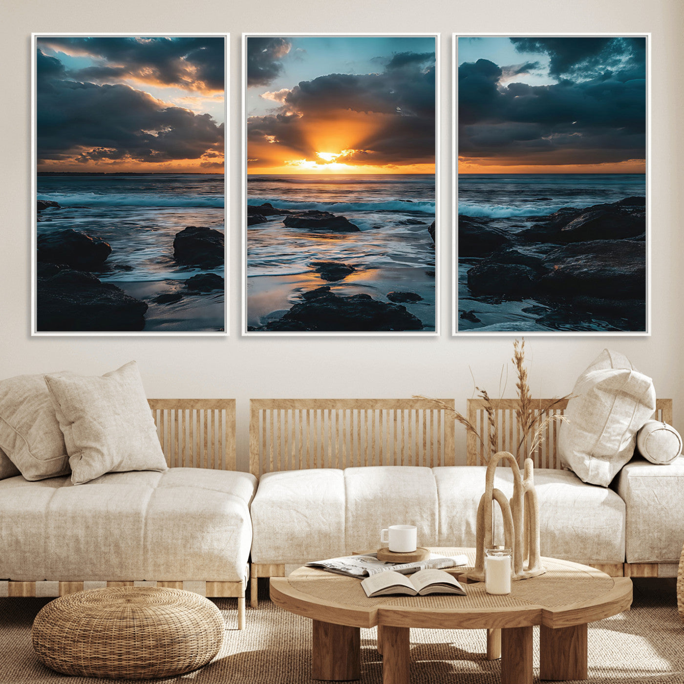 66040852-MGV-CV-36X24-Ocean Sunset Canvas Wall Art – Rocky Shore Waves, Dramatic Clouds, Golden Sun Rays, Coastal Nature, Serene Water Reflection for