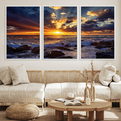 35900590-MGV-CV-36X24-Sunset Ocean Waves Canvas Wall Art – Rocky Shore, Dramatic Sky, Golden Sun Rays, Coastal Beauty, Serene Water Motion for Living