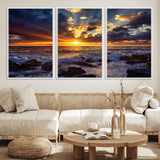 35900590-MGV-FC-60X30-3P_White-Ocean Sunset Wall Art – Vivid Seascape Canvas Print with Sunburst Sky, Crashing Waves and Rocky Shore, Dramatic Coastal