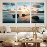 23879436-MGV-FC-60X30-3P_White-Ocean Sunset Wall Art – Serene Seascape Canvas Print with Golden Sky, Reflections on Sand and Calm Waves, Peaceful Coastal