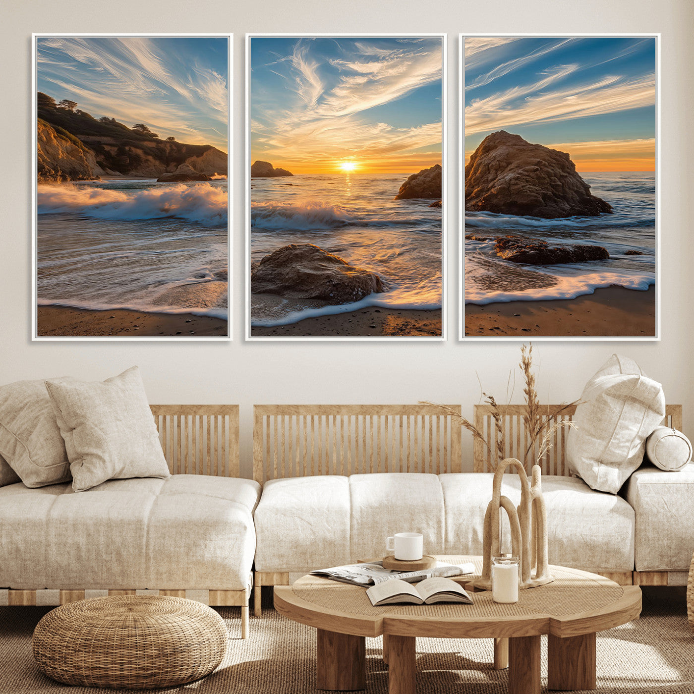 85659923-MGV-CV-36X24-Rocky Ocean Sunset Canvas Wall Art – Seaside Dramatic Seascape Print, Coastal Modern Decor, Ocean Sunset Art for Living Room or