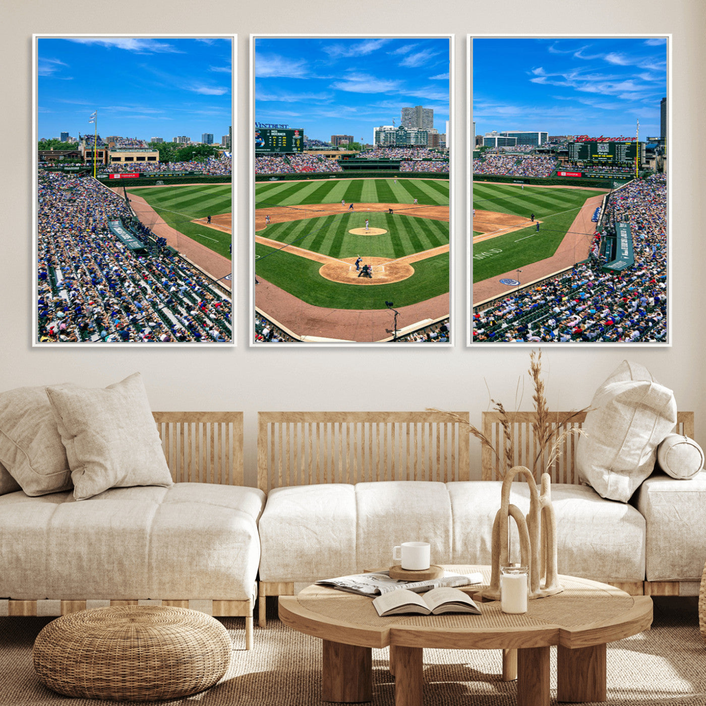 56213978-MGV-CV-36X24-Wrigley Field Baseball Stadium Canvas Wall Art – Packed Crowd Sports Stadium Print, City Skyline Baseball Field Canvas for Game