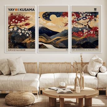 66892669-MGV-CV-36X24-Yayoi Kusama Japanese Inspired Canvas Print – Mt. Fuji & Floral Scene Wall Art, Framed Asian Style Canvas for Home, Office or