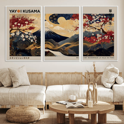 66892669-MGV-CV-36X24-Yayoi Kusama Japanese Inspired Canvas Print – Mt. Fuji & Floral Scene Wall Art, Framed Asian Style Canvas for Home, Office or