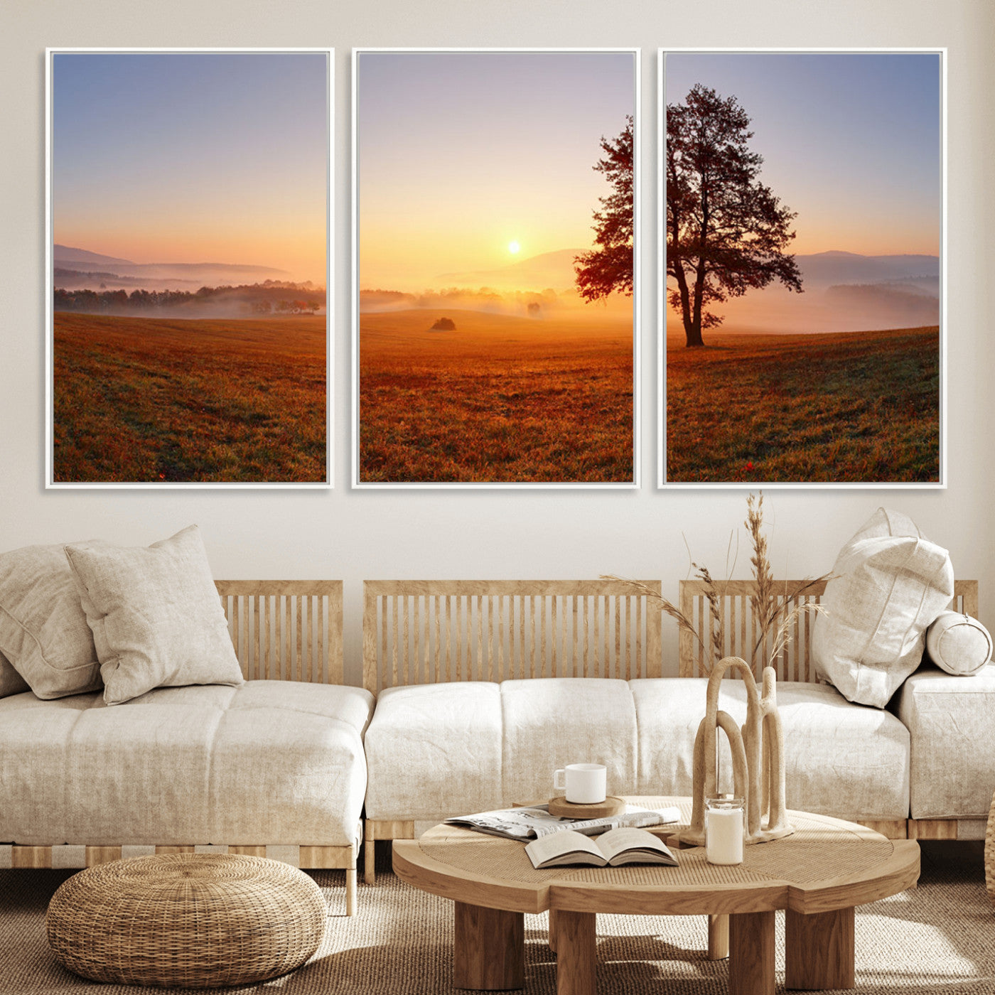 57919623-MGV-CV-36X24-Golden Sunrise Landscape Canvas Wall Art - Framed Misty Field Print, Large Nature Canvas for Living Room, Office, or Home Decor