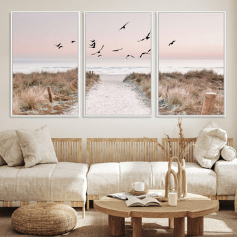 34632598-MGV-CV-36X24-Coastal Pathway Canvas Wall Art – Framed Seaside Landscape, Large Beach and Birds Canvas Print for Home, Office, or Living Room