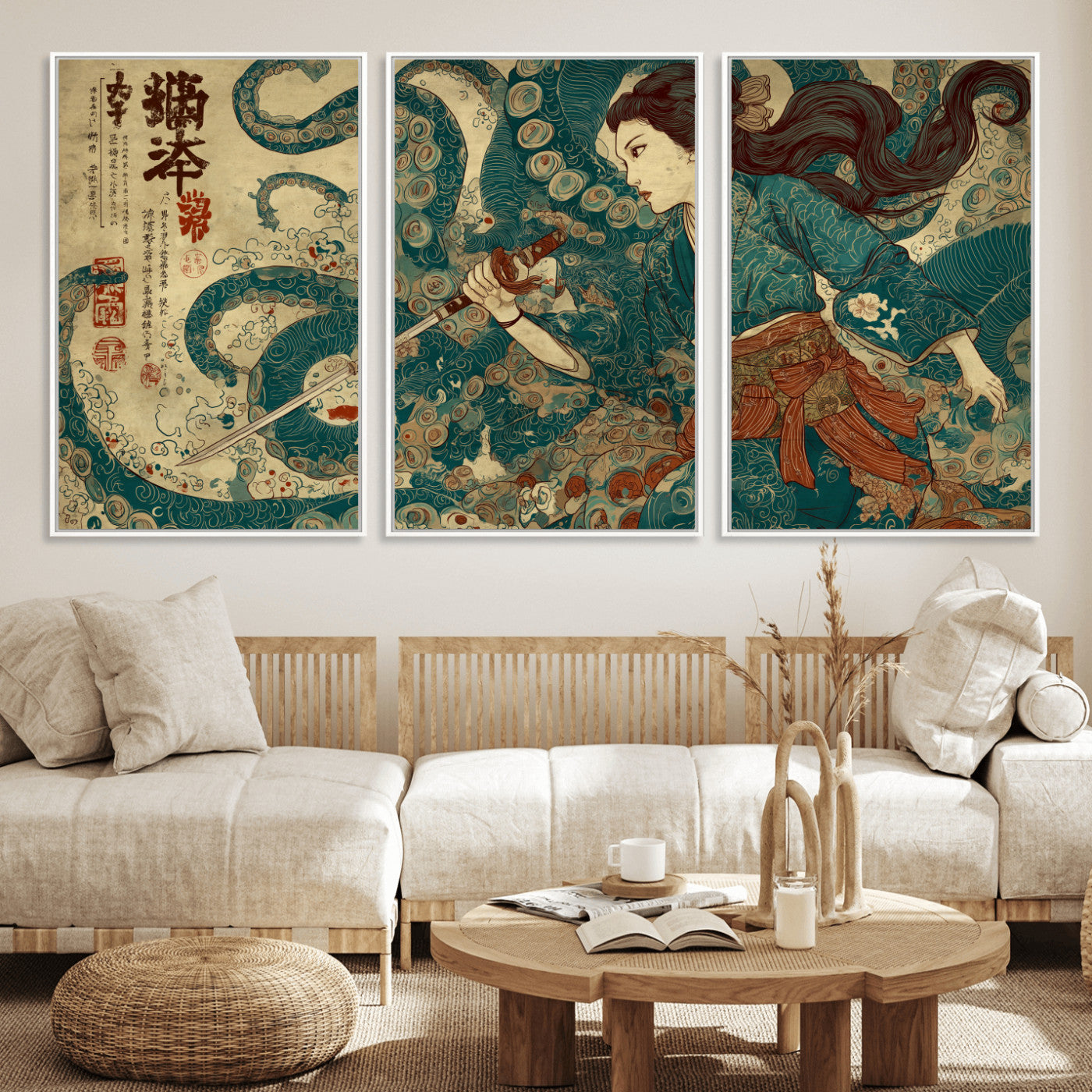 46837670-MGV-CV-36X24-Tsukioka Yoshitoshi Samurai Wall Art Print, Japanese Katana Warrior Canvas Wall Art, Octopus Sea Monster Canvas Print,