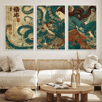 46837670-MGV-CV-36X24-Tsukioka Yoshitoshi Samurai Wall Art Print, Japanese Katana Warrior Canvas Wall Art, Octopus Sea Monster Canvas Print,
