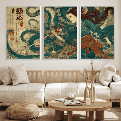 46837670-MGV-CV-36X24-Tsukioka Yoshitoshi Samurai Wall Art Print, Japanese Katana Warrior Canvas Wall Art, Octopus Sea Monster Canvas Print,