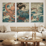 52037775-MGV-CV-36X24-Tsukioka Yoshitoshi Samurai Wall Art Print, Japanese Katana Warrior Canvas Wall Art, Octopus Sea Monster Canvas Print,
