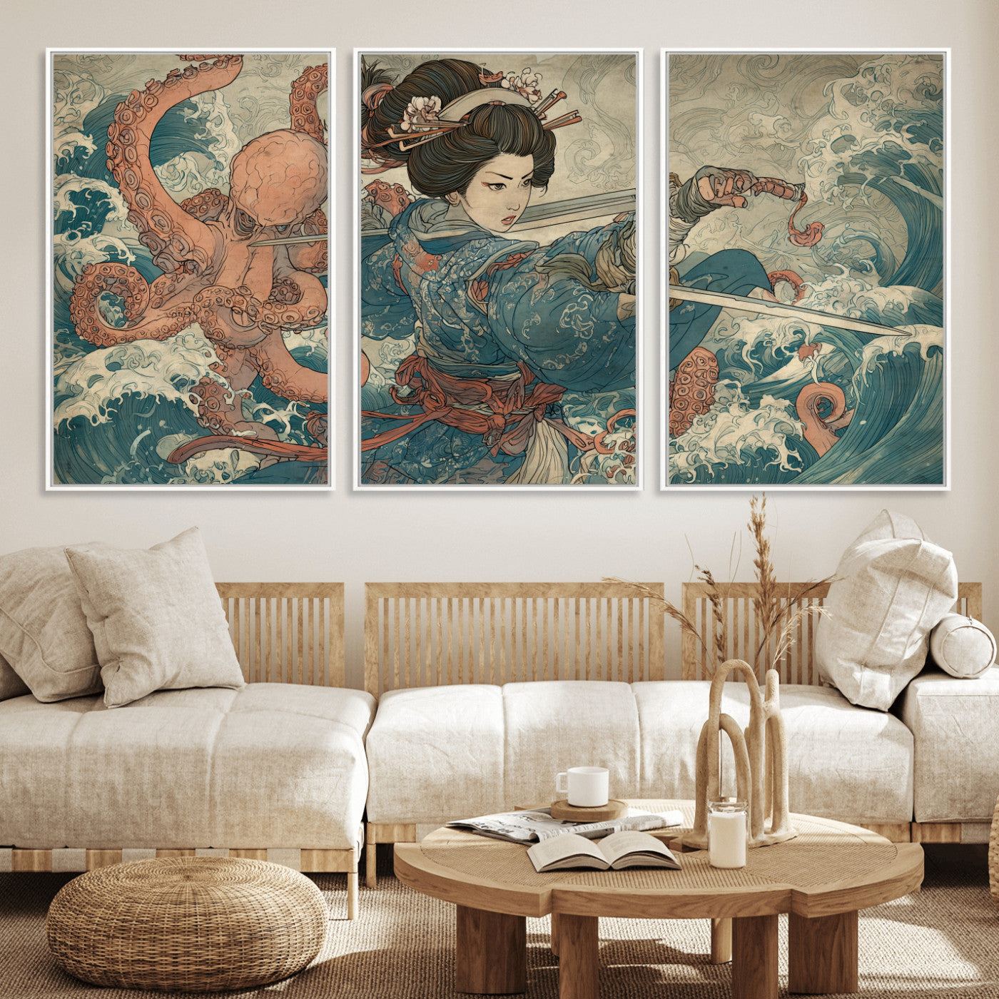 52037775-MGV-CV-36X24-Samurai Woman Wall Art – Japanese Ukiyo e Style Canvas Print with Katana, Ocean Waves and Octopus, Traditional Asian Inspired