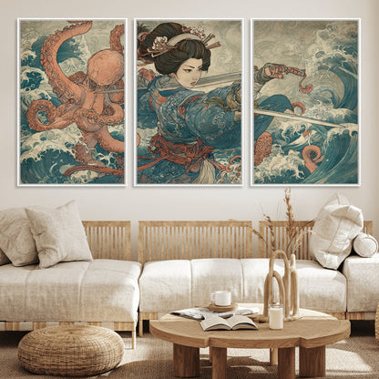 52037775-MGV-CV-36X24-Samurai Woman Wall Art – Japanese Ukiyo e Style Canvas Print with Katana, Ocean Waves and Octopus, Traditional Asian Inspired