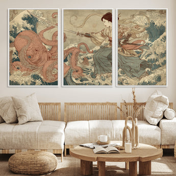 54879547-MGV-FC-60X30-3P_White-Samurai Woman Wall Art – Japanese Ukiyo-e Style Canvas Print with Katana and Octopus, Traditional Asian Inspired Battle Artwork