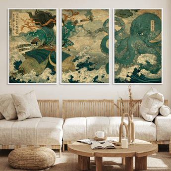 24416422-MGV-FC-60X30-3P_White-Samurai vs Octopus Wall Art – Japanese Warrior Ocean Battle Canvas Print, Ukiyo e Inspired Decor for Home, Office, or Man Cave