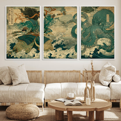 24416422-MGV-FC-60X30-3P_White-Samurai vs Octopus Wall Art – Japanese Warrior Ocean Battle Canvas Print, Ukiyo e Inspired Decor for Home, Office, or Man Cave