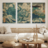 60346622-MGV-FC-60X30-3P_White-Samurai Warrior vs Octopus Wall Art – Japanese Ukiyo-e Style Ocean Battle Canvas Print, Traditional Samurai Artwork for Living