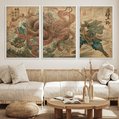 63782167-MGV-CV-36X24-Tsukioka Yoshitoshi Samurai Wall Art Print, Japanese Katana Warrior Canvas Wall Art, Octopus Sea Monster Canvas Print,