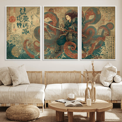 98593115-MGV-FC-60X30-3P_White-Samurai Warrior vs Octopus Wall Art – Japanese Ukiyo-e Calligraphy Canvas Print, Ocean Battle Scene Artwork for Living Room,