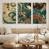 18575670-MGV-CV-36X24-Tsukioka Yoshitoshi Samurai Wall Art Print, Japanese Katana Warrior Canvas Wall Art, Octopus Sea Monster Canvas Print,