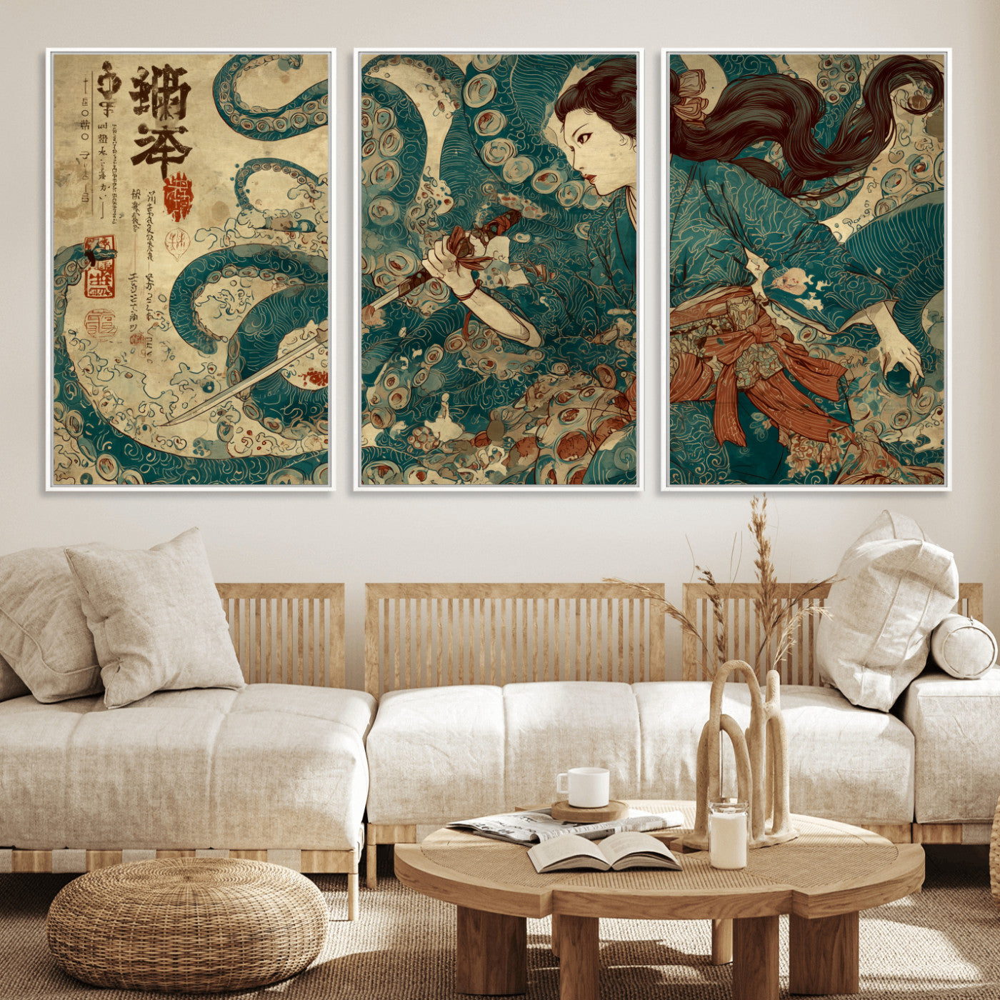 18575670-MGV-FC-60X30-3P_White-Samurai Woman vs Octopus Wall Art – Japanese Ukiyo-e Ocean Battle Canvas Print, Traditional Warrior Artwork for Living Room,