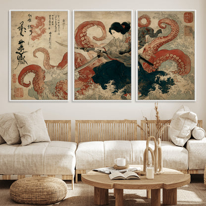50812504-MGV-FC-60X30-3P_White-Samurai Woman vs Octopus Wall Art – Japanese Ukiyo-e Red Tentacle Canvas Print, Ocean Battle Artwork for Living Room, Office, Man
