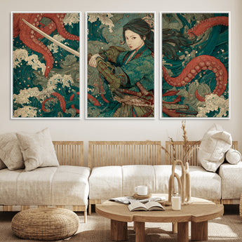 35461724-MGV-CV-36X24-Samurai Woman vs Octopus Wall Art – Japanese Ukiyo-e Ocean Waves Canvas Print, Red Tentacle Battle Artwork for Living Room,