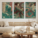 91666601-MGV-FC-60X30-3P_White-Samurai Woman vs Octopus Wall Art – Japanese Ukiyo-e Green Robe Canvas Print, Ocean Battle Artwork for Living Room, Office, Man