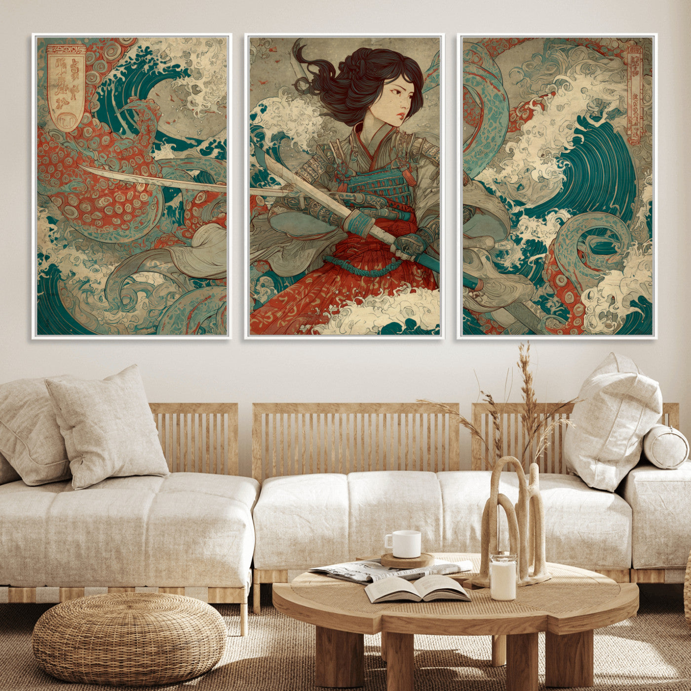 37797255-MGV-FC-60X30-3P_White-Samurai Woman vs Octopus Wall Art – Japanese Ukiyo-e Red Armor Ocean Battle Canvas Print, Warrior Artwork for Living Room, Office,