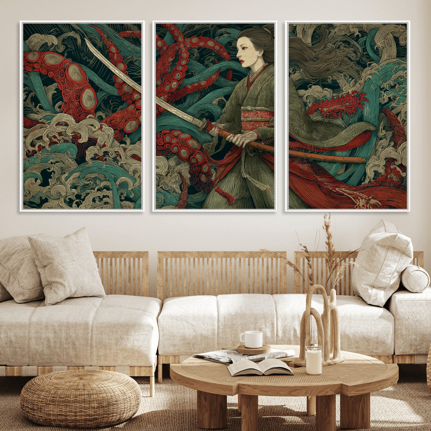 18902796-MGV-FC-60X30-3P_White-Samurai Woman vs Octopus Wall Art – Japanese Ukiyo-e Green Kimono Canvas Print, Ocean Battle Scene Artwork for Living Room,