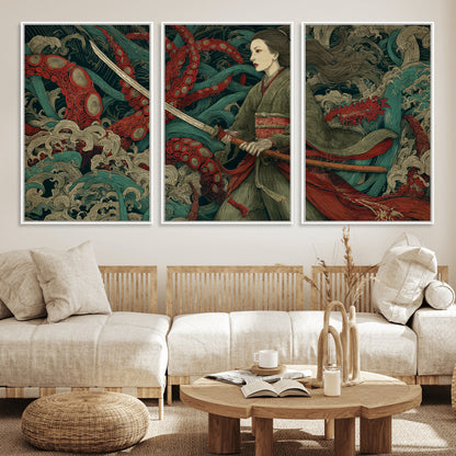 18902796-MGV-FC-60X30-3P_White-Samurai Woman vs Octopus Wall Art – Japanese Ukiyo-e Green Kimono Canvas Print, Ocean Battle Scene Artwork for Living Room,