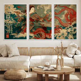 60201267-MGV-FC-60X30-3P_White-Samurai Woman vs Octopus Wall Art – Japanese Ukiyo-e Armor Canvas Print, Red Tentacle Ocean Battle Artwork for Living Room,