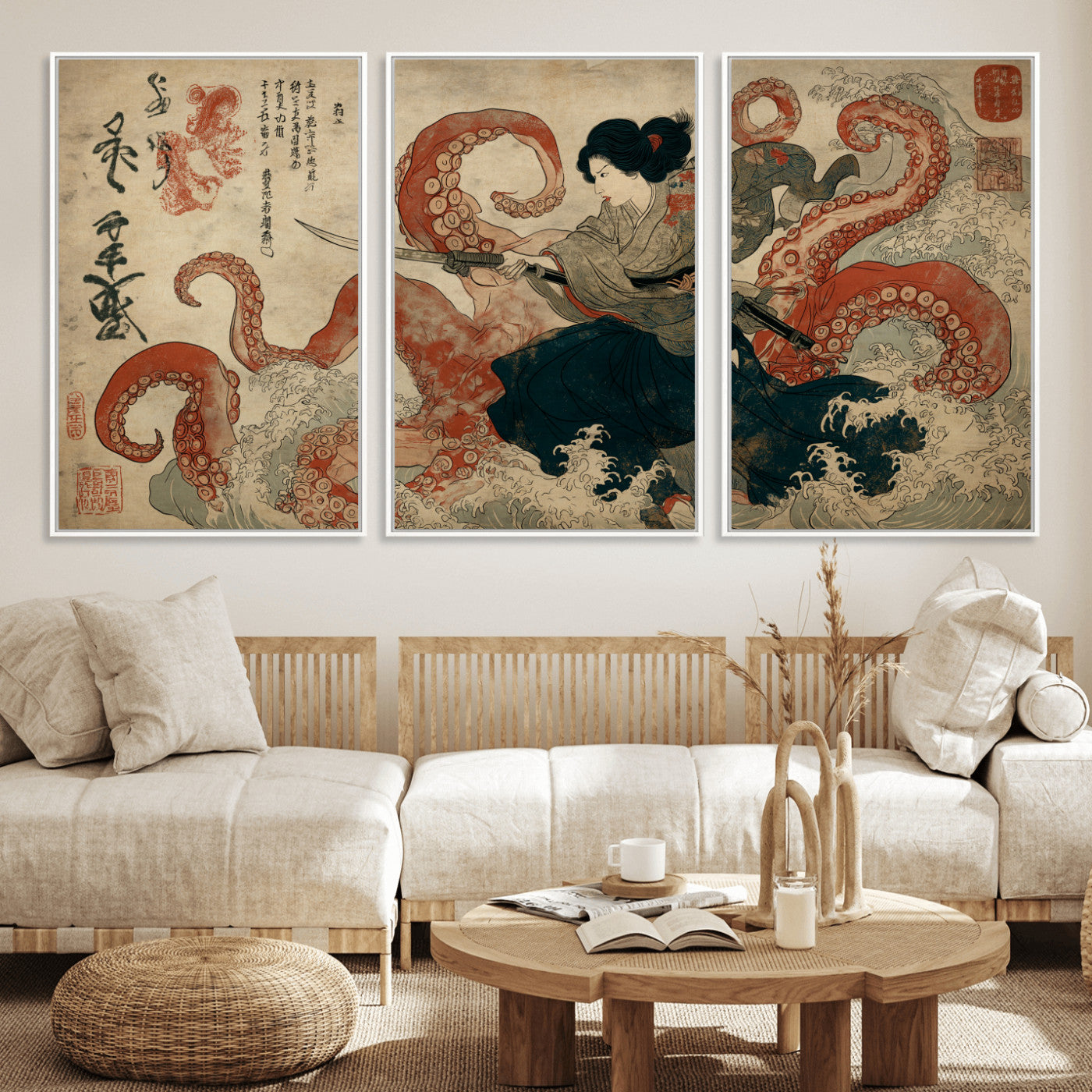 82737246-MGV-FC-60X30-3P_White-Samurai Woman vs Octopus Wall Art – Japanese Ukiyo-e Dual Sword Canvas Print, Red Tentacle Ocean Battle Artwork for Living Room,