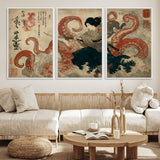 82737246-MGV-FC-60X30-3P_White-Samurai Woman vs Octopus Wall Art – Japanese Ukiyo-e Dual Sword Canvas Print, Red Tentacle Ocean Battle Artwork for Living Room,