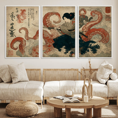82737246-MGV-FC-60X30-3P_White-Samurai Woman vs Octopus Wall Art – Japanese Ukiyo-e Dual Sword Canvas Print, Red Tentacle Ocean Battle Artwork for Living Room,