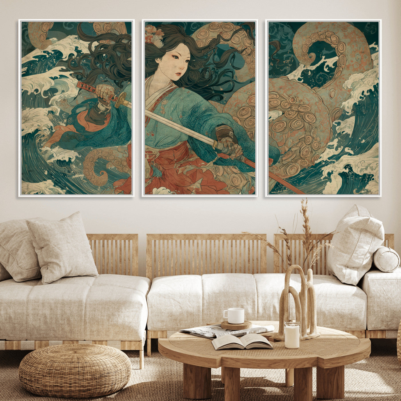 79740258-MGV-FC-60X30-3P_White-Samurai Woman vs Octopus Wall Art – Japanese Ukiyo-e Blue Kimono Canvas Print, Ocean Battle Artwork for Living Room, Office, Man