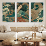 79740258-MGV-FC-60X30-3P_White-Samurai Woman vs Octopus Wall Art – Japanese Ukiyo-e Blue Kimono Canvas Print, Ocean Battle Artwork for Living Room, Office, Man