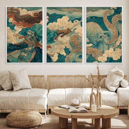 99764195-MGV-FC-60X30-3P_White-Samurai vs Octopus Wall Art – Japanese Ukiyo-e Style Warrior and Sea Monster Canvas Print, Mythology Inspired Artwork for Living