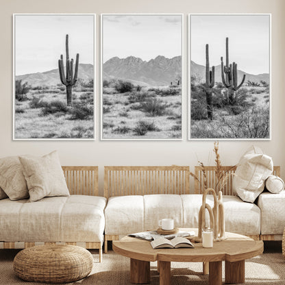 97436PHN-MGV-FC-60X30-3P_White-Desert Landscape Wall Art – Black and White Cactus and Mountain Canvas Print, Southwestern Nature Photography for Living Room,