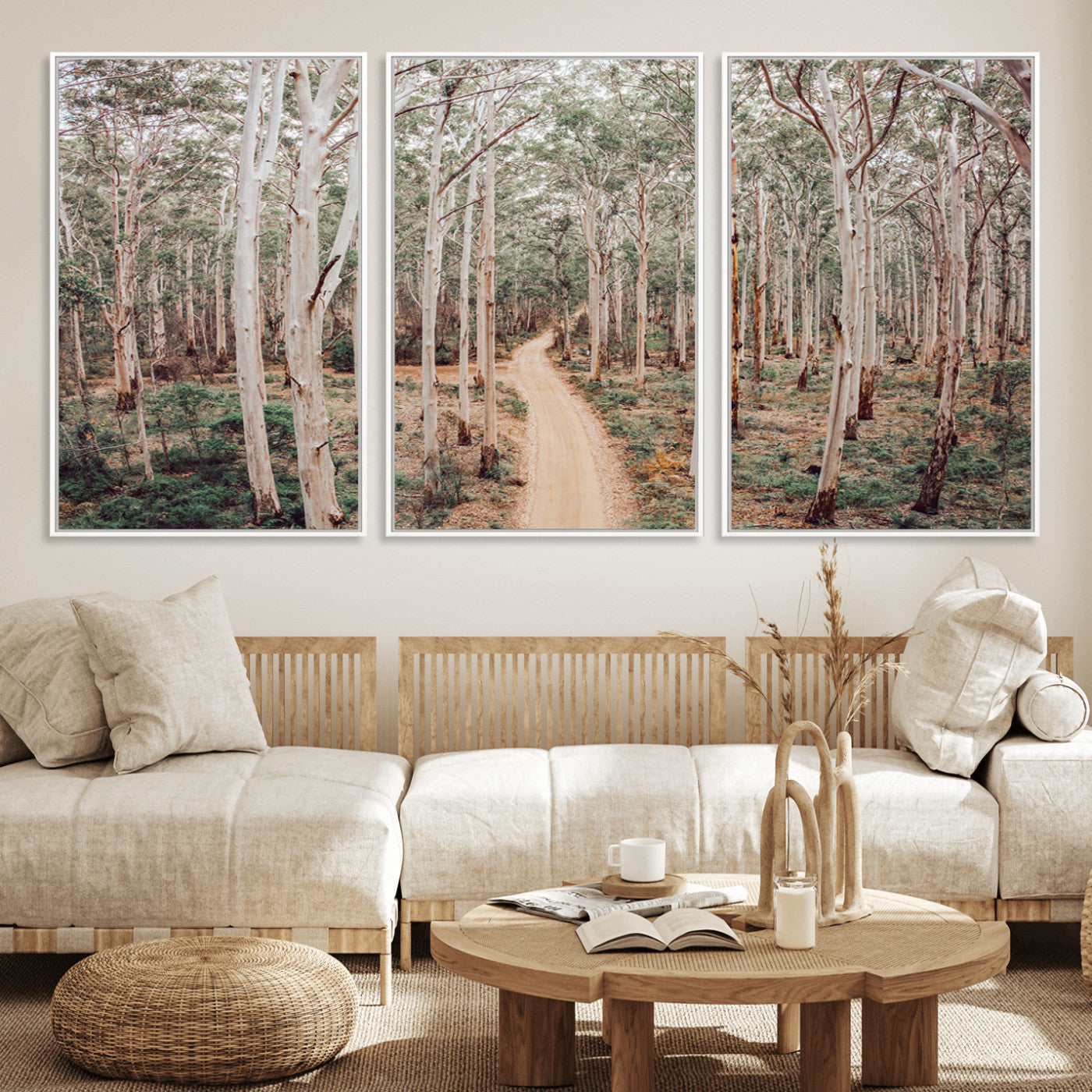 24760563-MGV-FC-60X30-3P_White-Forest Wall Art – Tranquil Woodland Path Canvas Print, Scenic Nature Photography Decor for Bedroom, Living Room, Office, Cabin or