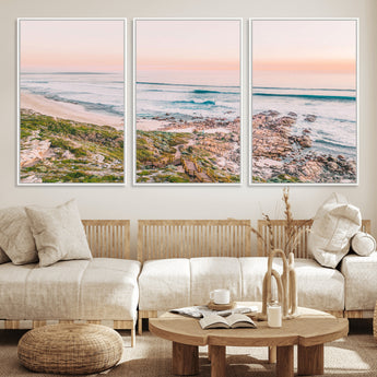 27332135-MGV-FC-60X30-3P_White-Coastal Sunset Wall Art – Ocean Waves and Rocky Shore Canvas Print, Scenic Seaside Photography Decor for Bedroom, Living Room,