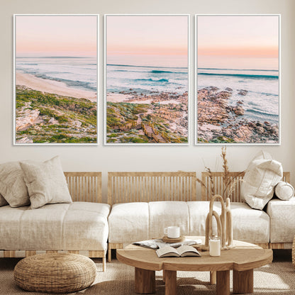 27332135-MGV-FC-60X30-3P_White-Coastal Sunset Wall Art – Ocean Waves and Rocky Shore Canvas Print, Scenic Seaside Photography Decor for Bedroom, Living Room,
