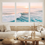 34064591-MGV-FC-60X30-3P_White-Surfing Wall Art – Sunset Ocean Wave Canvas Print, Surfer Riding Sea Photography Decor for Bedroom, Living Room, Office, Coastal