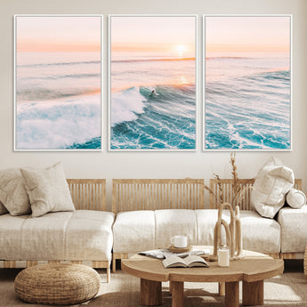 34064591-MGV-FC-60X30-3P_White-Surfing Wall Art – Sunset Ocean Wave Canvas Print, Surfer Riding Sea Photography Decor for Bedroom, Living Room, Office, Coastal