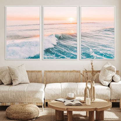 34064591-MGV-FC-60X30-3P_White-Surfing Wall Art – Sunset Ocean Wave Canvas Print, Surfer Riding Sea Photography Decor for Bedroom, Living Room, Office, Coastal