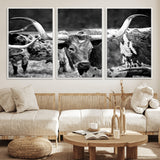 15425553-MGV-CV-36X24-Western Wall Art – Longhorn Cattle Black and White Canvas Print, Rustic Ranch Photography Decor for Bedroom, Living Room, Office,