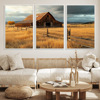 16480179-MGV-FC-60X30-3P_White-Farmhouse Wall Art – Rustic Barn and Golden Field Canvas Print, Country Landscape Photography Decor for Bedroom, Living Room,