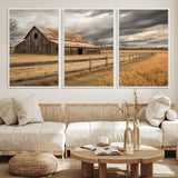 21991117-MGV-FC-60X30-3P_White-Rustic Barn Wall Art – Weathered Farmhouse Canvas Print, Stormy Sky and Golden Field Photography Decor for Bedroom, Living Room,