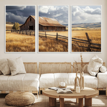 23718739-MGV-FC-60X30-3P_White-Farmhouse Wall Art – Rustic Barn and Golden Wheat Field Canvas Print, Country Landscape Photography Decor for Bedroom, Living