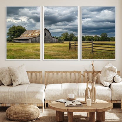 39409517-MGV-FC-60X30-3P_White-Rustic Barn Wall Art – Weathered Farmhouse and Storm Clouds Canvas Print, Country Landscape Photography Decor for Bedroom, Living