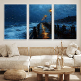 48300530-MGV-CV-36X24-Dark Stormy Pier Canvas Wall Art – Moody Ocean Night Scene with Street Lamps, Blue Coastal Seascape Print for Bedroom, Office, or